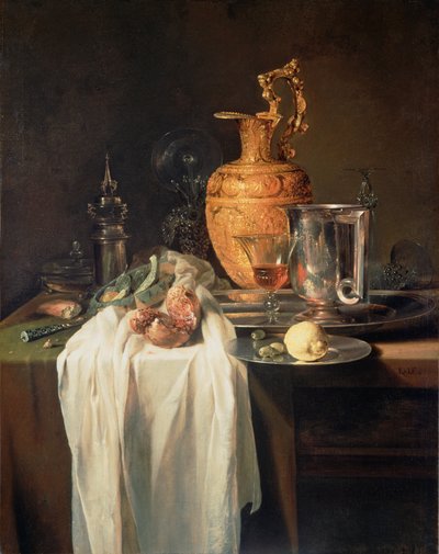 Stillleben mit Krug, Gefäßen und Granatapfel von Willem Kalf